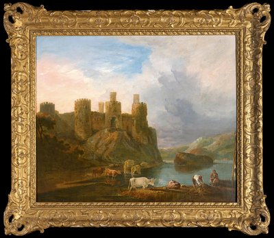A view of Conway Castle with fishermen mending their nets by John Inigo Richards